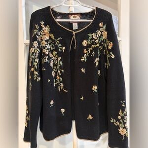 Vintage 90s Tiara International Black Cardigan with Floral Embroidery Sweater